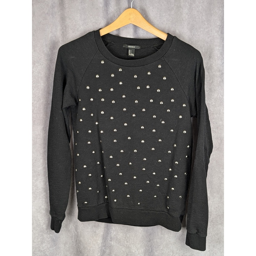 Forever 21 Womens Black Studded Raglan Sweatshirt Silver Studs Size Small